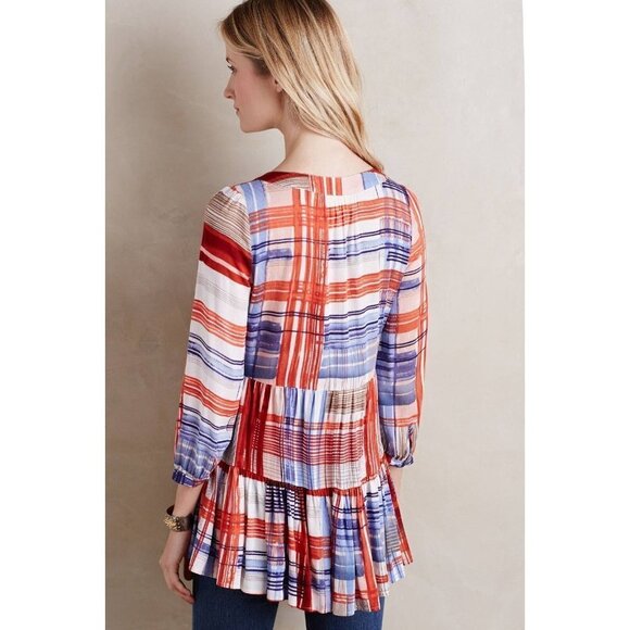 Maeve Anthropologie Lila Tiered Tunic Medium Boho Western Plaid  Top Red Blue - Picture 2 of 10